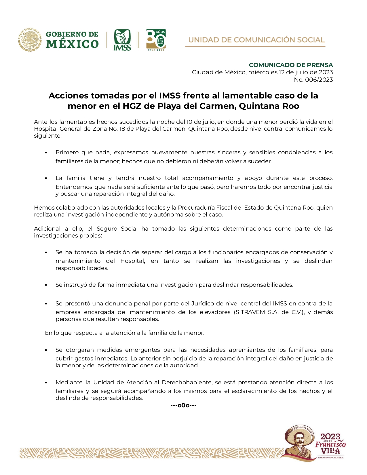 IMSS se deslinda de responsabilidades por muerte de menor prensada en elevador