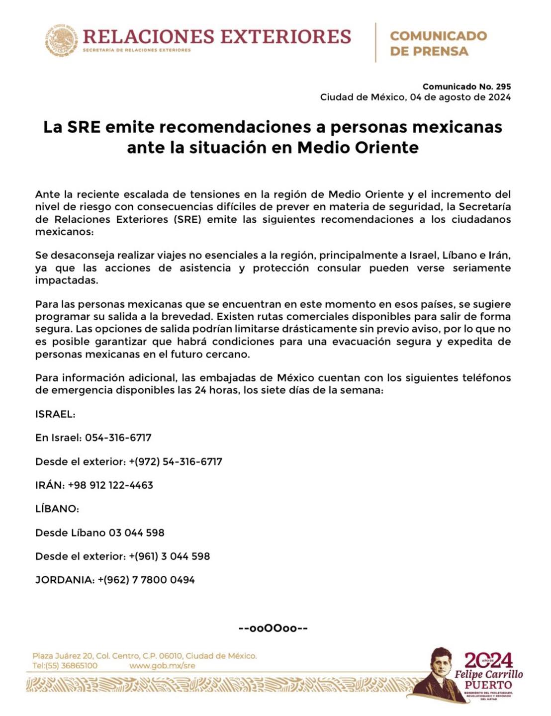 Gobierno de México recomienda evitar viajes a Israel, Líbano e Irán