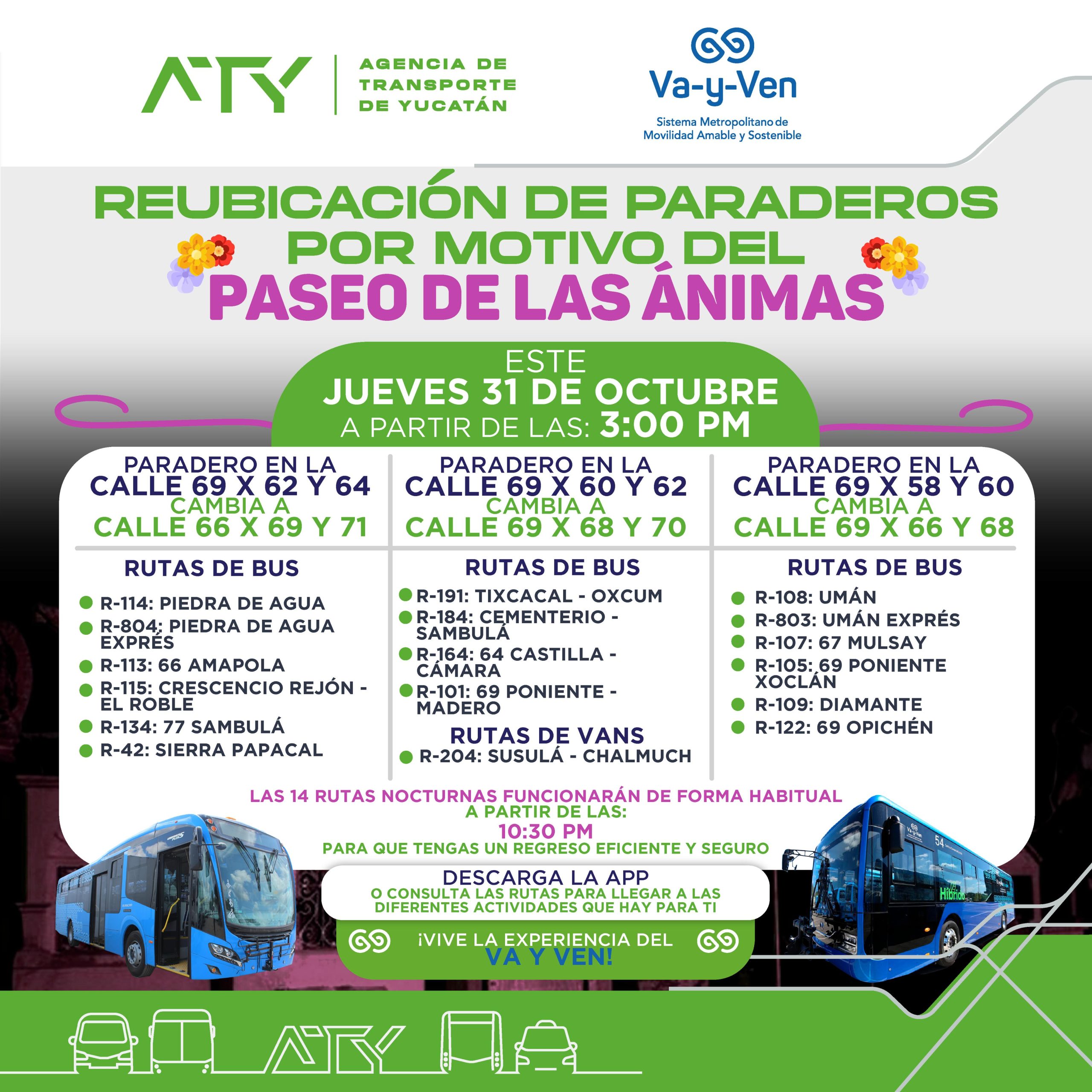 Reubicación temporal de paraderos en el Centro Histórico de Mérida con motivo del Paseo de las Ánimas