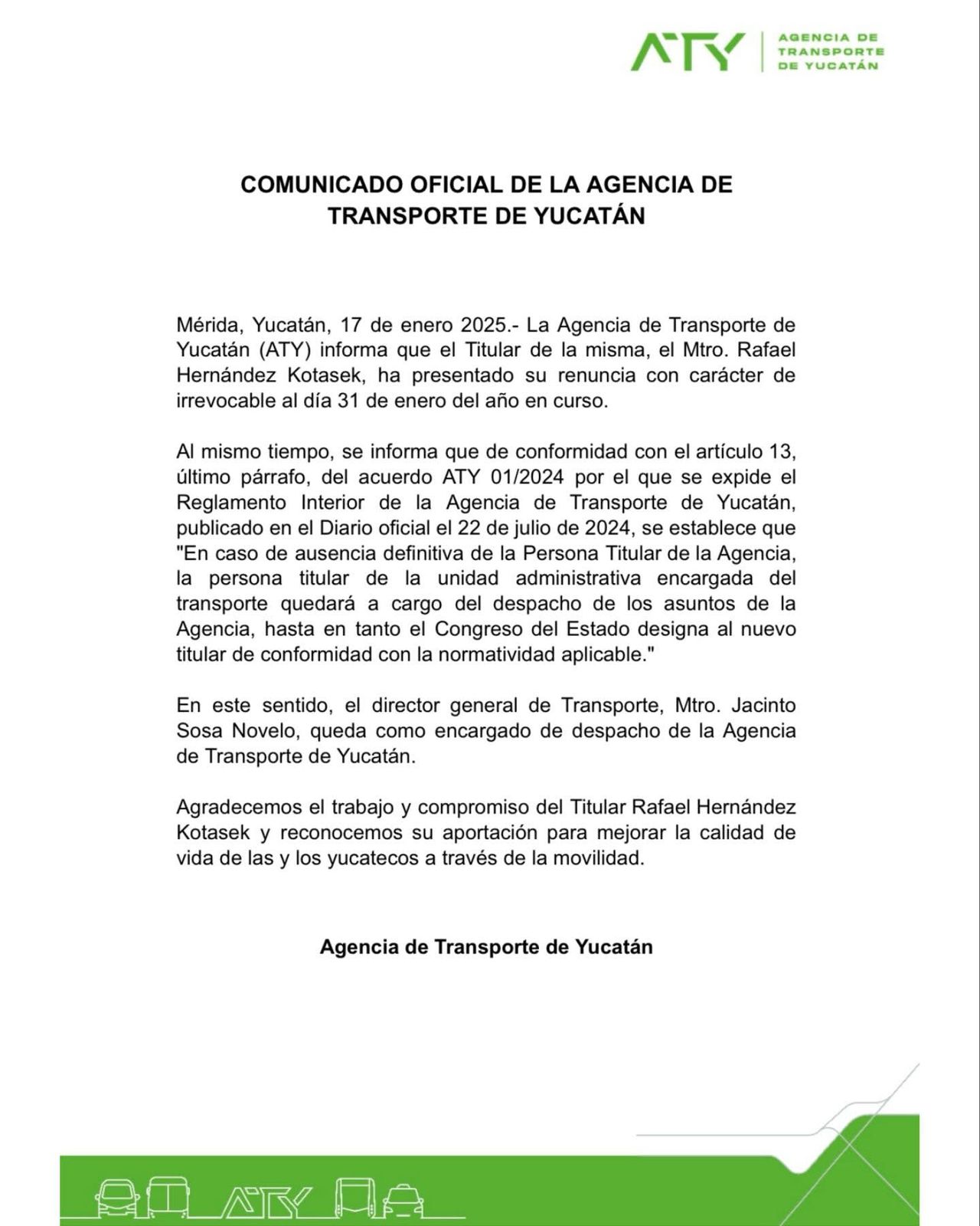 COMUNICADO OFICIAL DE LA AGENCIA DE TRANSPORTE DE YUCATÁN.