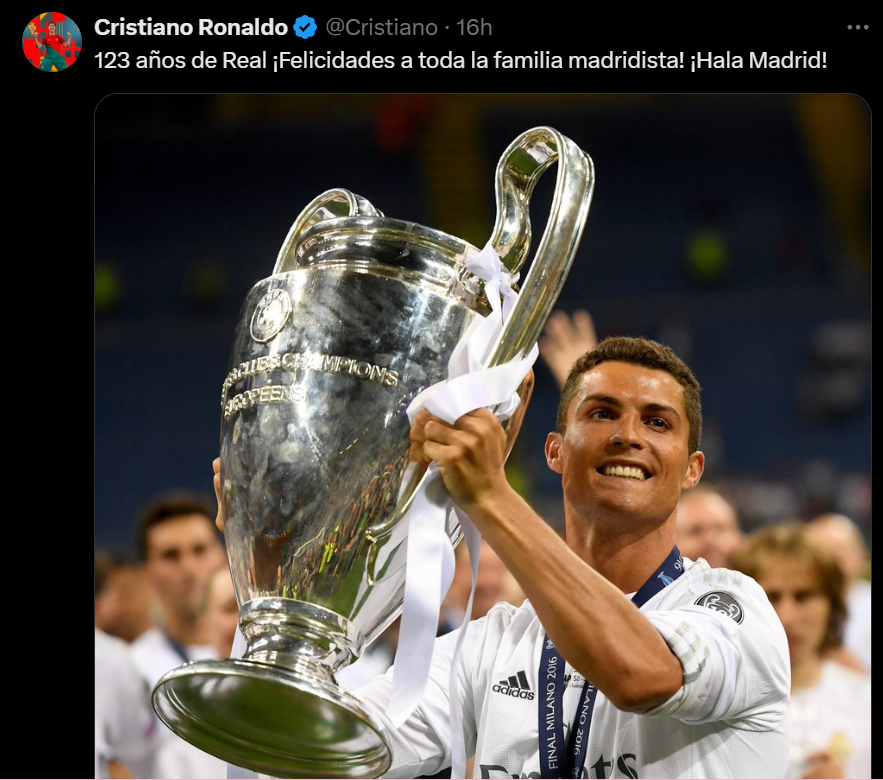 Cristiano Ronaldo escribe emotiva felicitación al Real Madrid por su 123 Aniversario.