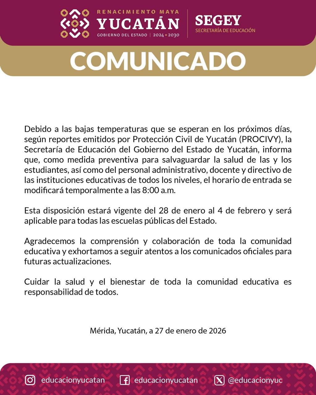 SEGEY ajusta horario escolar por Frente Frío 30 en Yucatán: entrada a las 8:00 a.m.