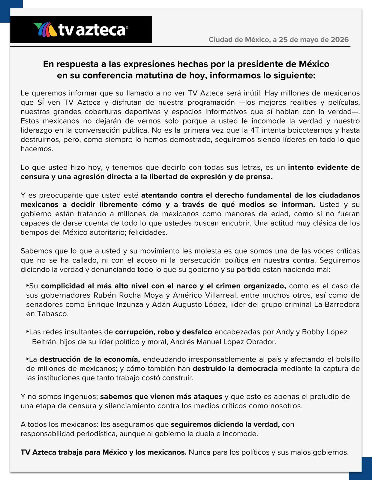 TV Azteca responde a Sheinbaum y asegura que “presenta hechos y no palabras”