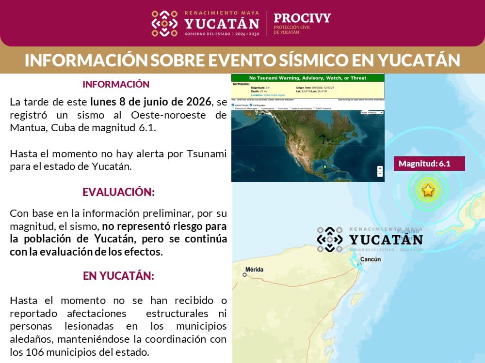 Sin daños en Yucatán tras sismo con epicentro frente a costas de Cuba: Procivy